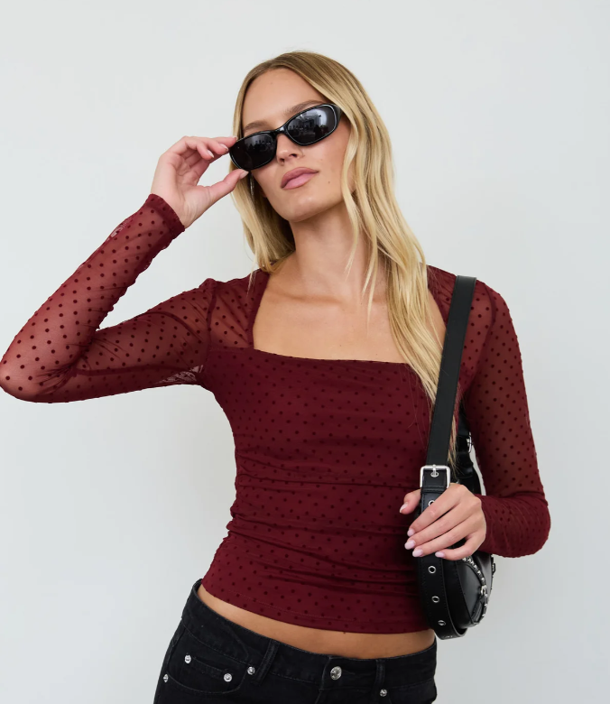 POLKA DOT MESH SQUARE NECK SHEER LONG SLEEVE TOP