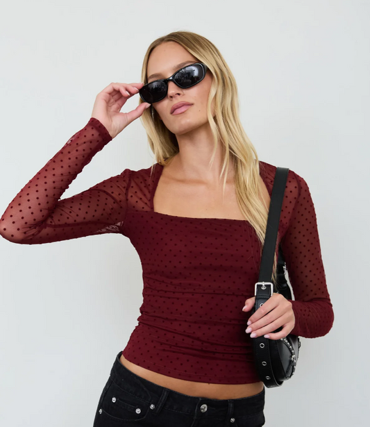 POLKA DOT MESH SQUARE NECK SHEER LONG SLEEVE TOP