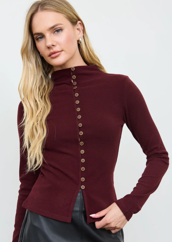 BUTTON FRONT MOCK NECK LONG SLEEVE KNIT TOP