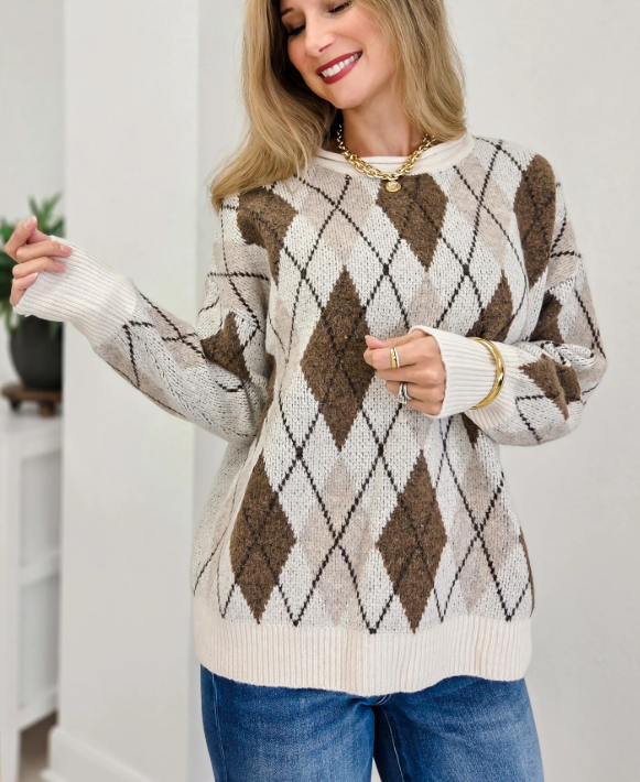Argyle Crewneck Ribbed Sweater