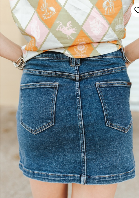 Mid Wash Stretch Denim Button Down Skirt