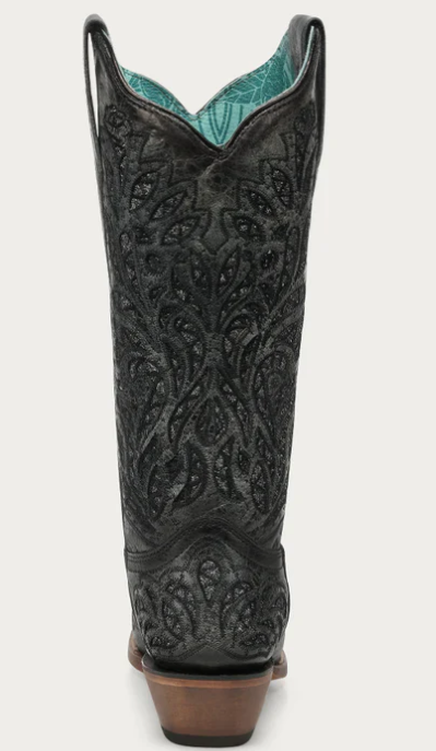 A5095 - WOMEN'S BLACK GLITTER INLAY AND EMBROIDERY SNIP TOE COWBOY BOOT