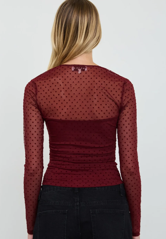 POLKA DOT MESH SQUARE NECK SHEER LONG SLEEVE TOP