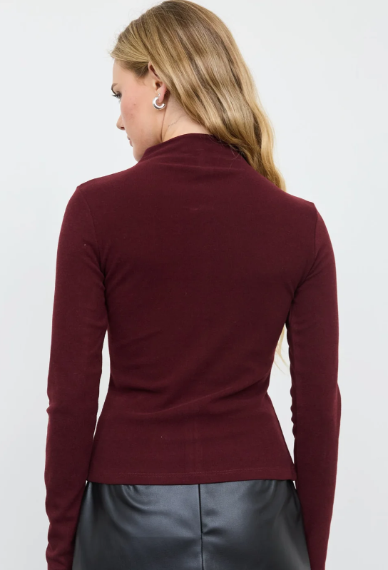 BUTTON FRONT MOCK NECK LONG SLEEVE KNIT TOP