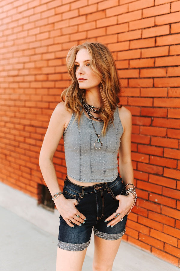 Denim Stretch Sleeveless Rhinestone Crop Corset Top