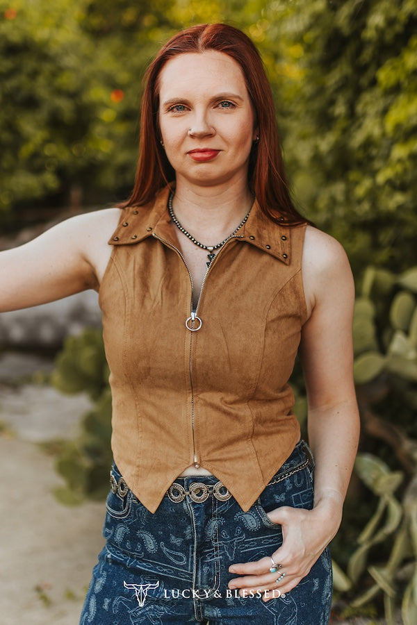 Brown Stretch Suede Sleeveless Studded Patch Detail Zip Up Top