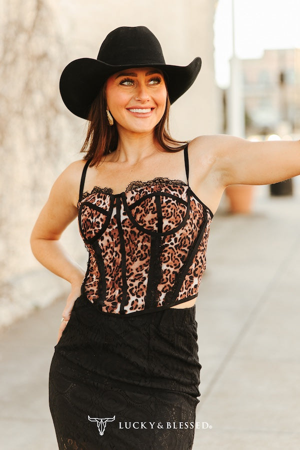 Leopard Printed Black Lace Trim Corset Top
