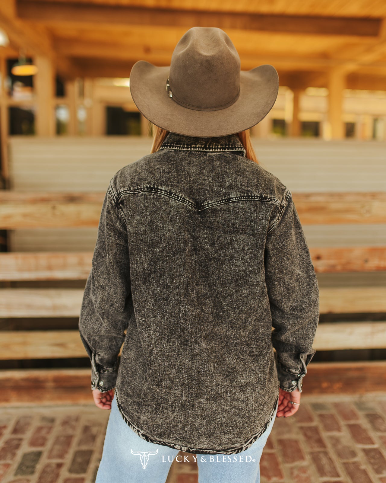Black Denim Mineral Wash Pearl Snap Long Sleeve Shirt