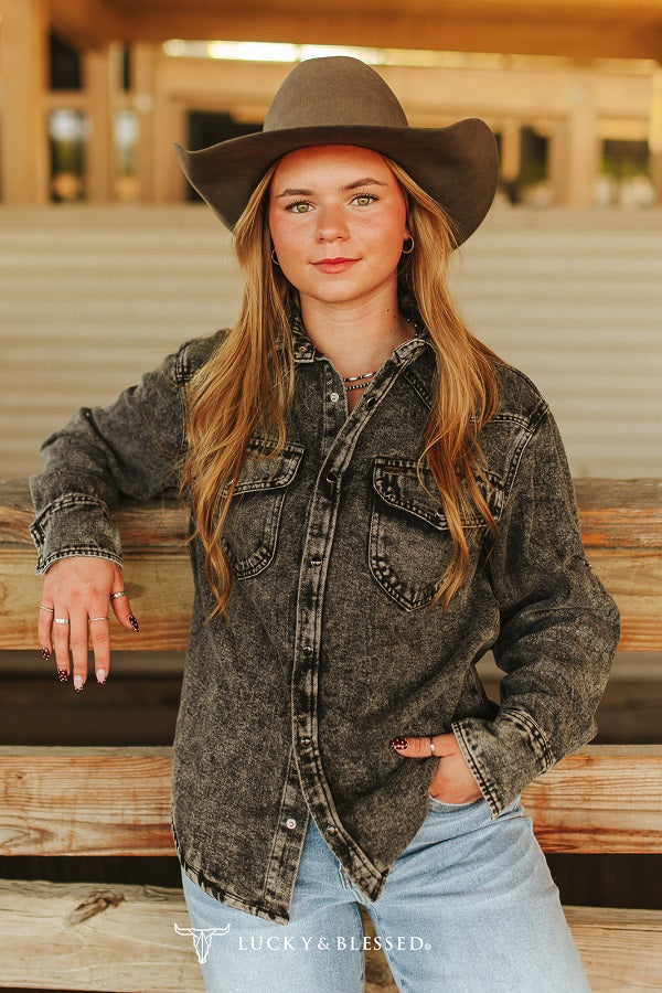 Black Denim Mineral Wash Pearl Snap Long Sleeve Shirt