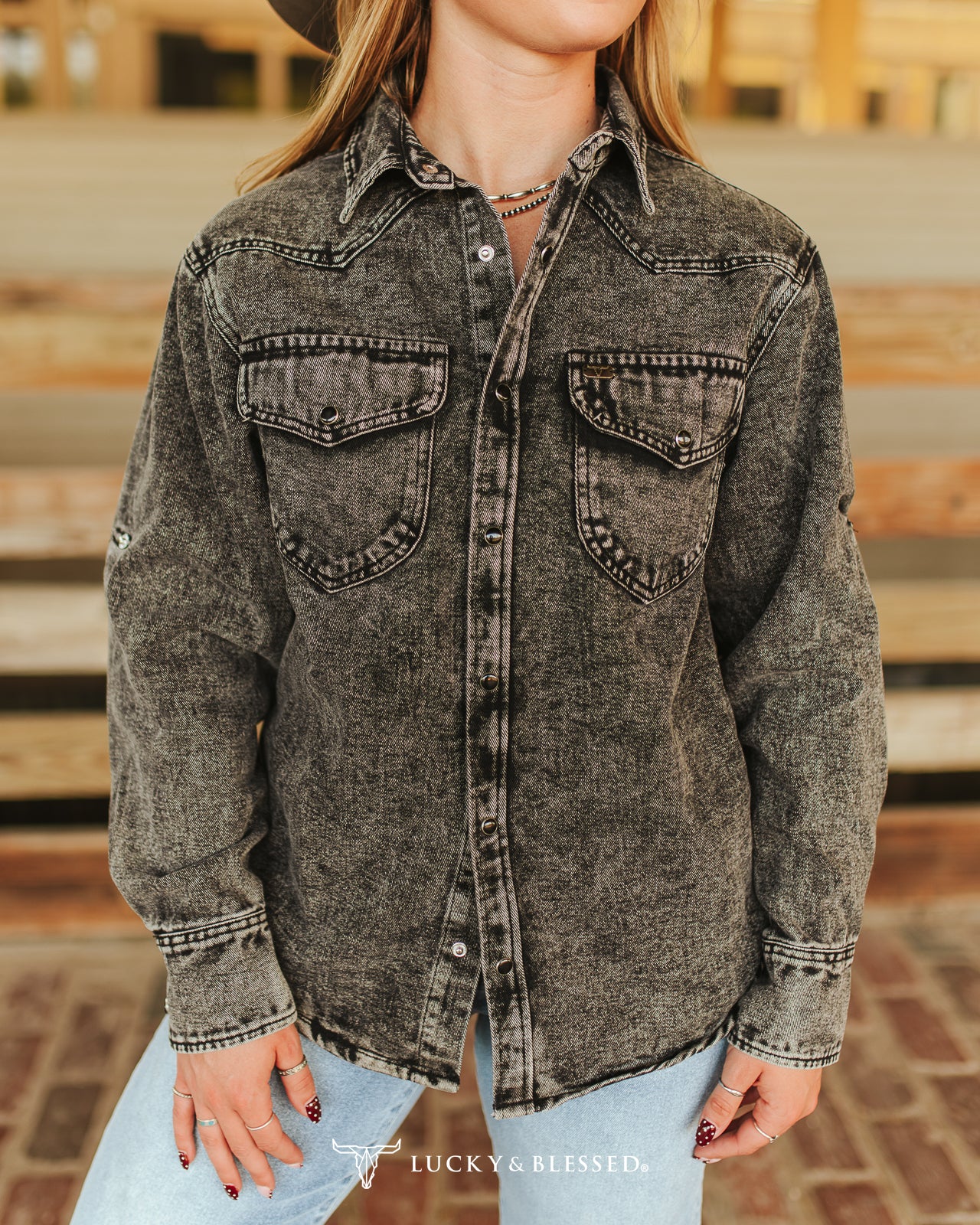Black Denim Mineral Wash Pearl Snap Long Sleeve Shirt