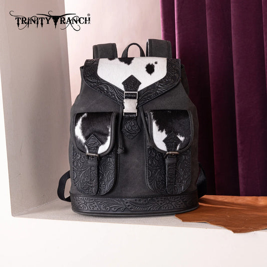 Trinity Ranch Genuine Hair-On Cowhide Tooled Backpack - Black