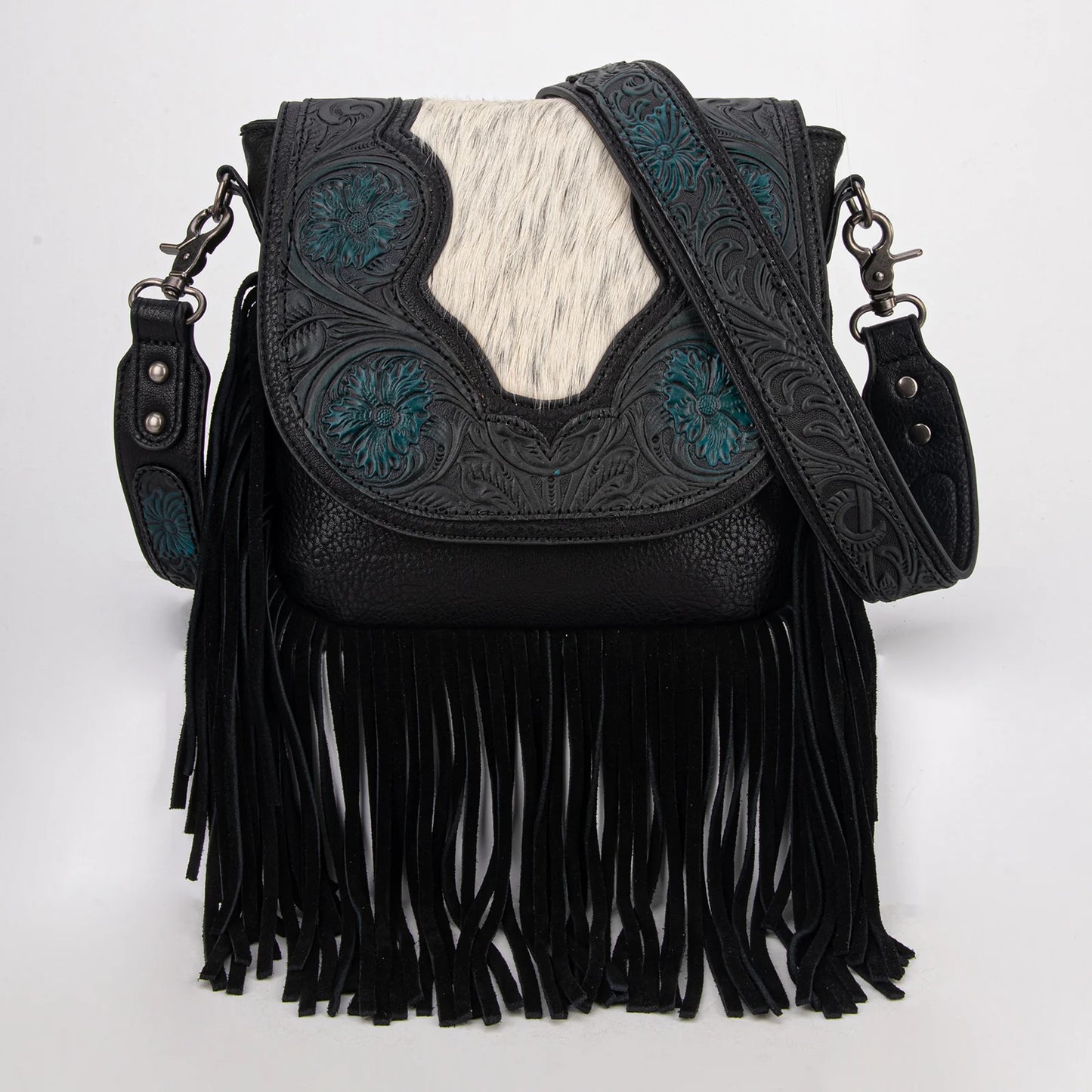 Trinity Ranch Genuine Hair-On Cowhide Tooled Fringe Crossbody Bag- Black