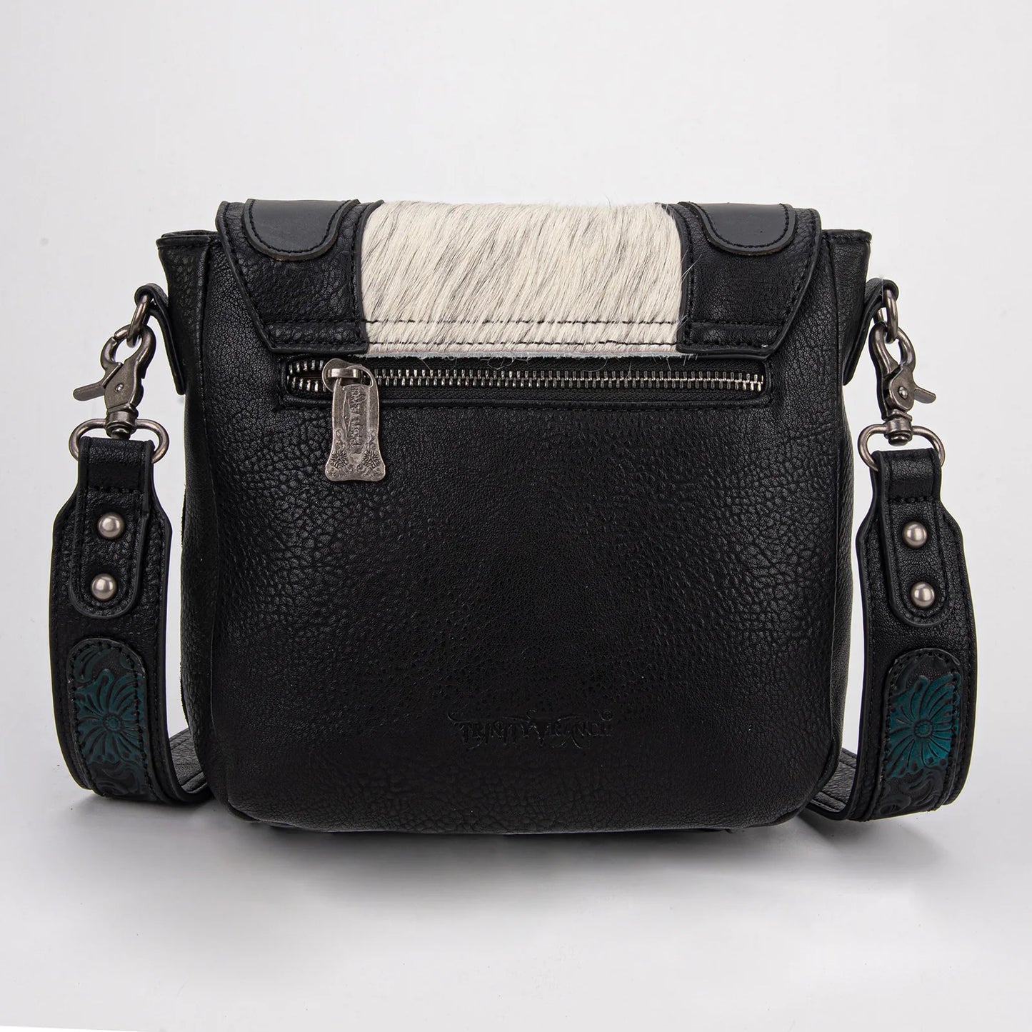 Trinity Ranch Genuine Hair-On Cowhide Tooled Fringe Crossbody Bag- Black