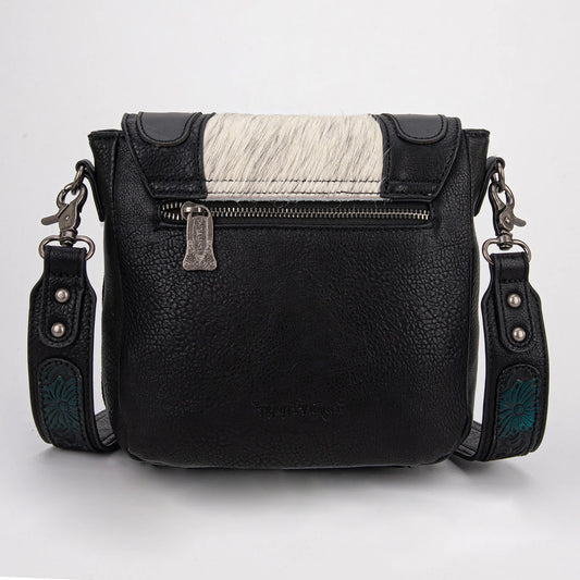 Trinity Ranch Genuine Hair-On Cowhide Tooled Fringe Crossbody Bag- Black