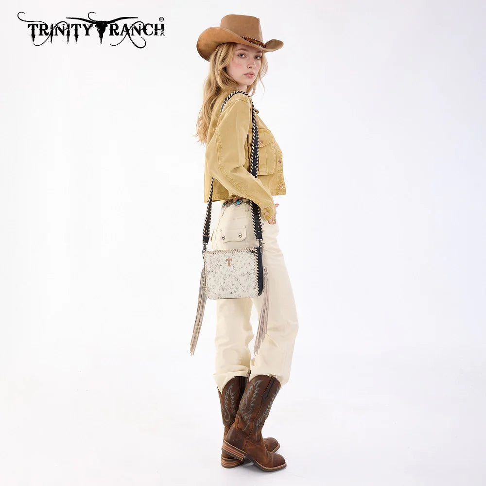 Trinity Ranch Cowhide Fringe Crossbody Bag - Black