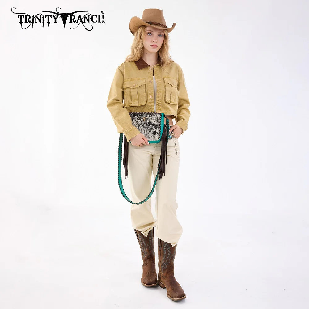 Trinity Ranch Cowhide Fringe Crossbody Bag - Turquoise