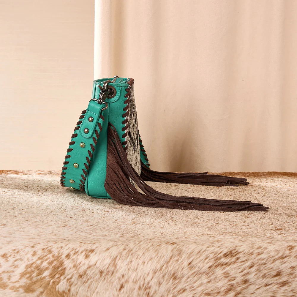 Trinity Ranch Cowhide Fringe Crossbody Bag - Turquoise