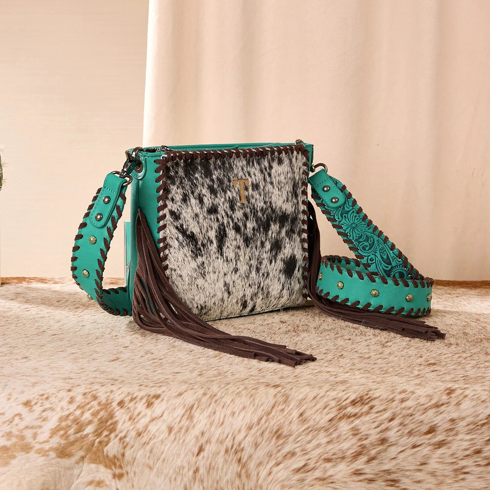 Trinity Ranch Cowhide Fringe Crossbody Bag - Turquoise