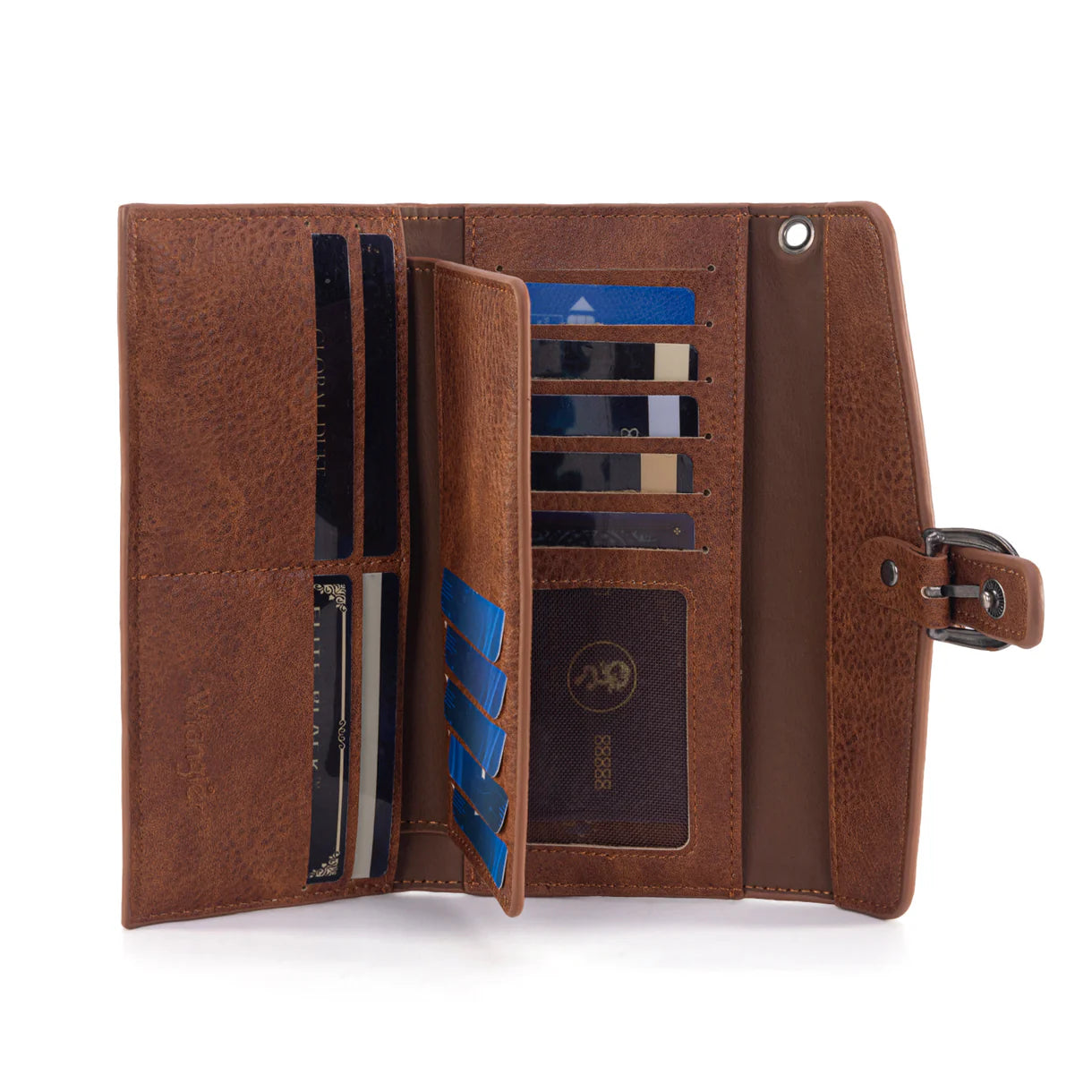 WG195-W054 Wrangler Western Cow-Print Tri-fold RFID Wallet/Wristlet With Detachable Credit Card Holder -Turquoise