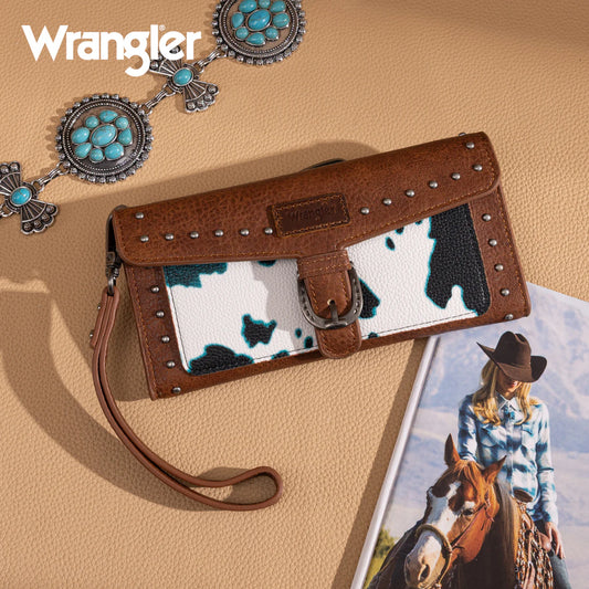 WG195-W054 Wrangler Western Cow-Print Tri-fold RFID Wallet/Wristlet With Detachable Credit Card Holder -Turquoise