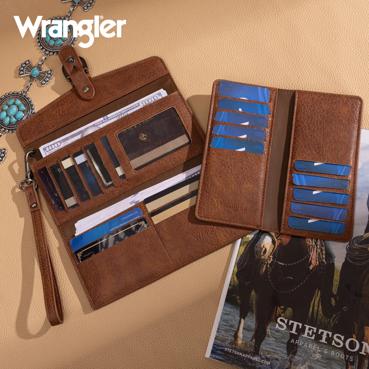 WG195-W054 Wrangler Western Cow-Print Tri-fold RFID Wallet/Wristlet With Detachable Credit Card Holder -Turquoise