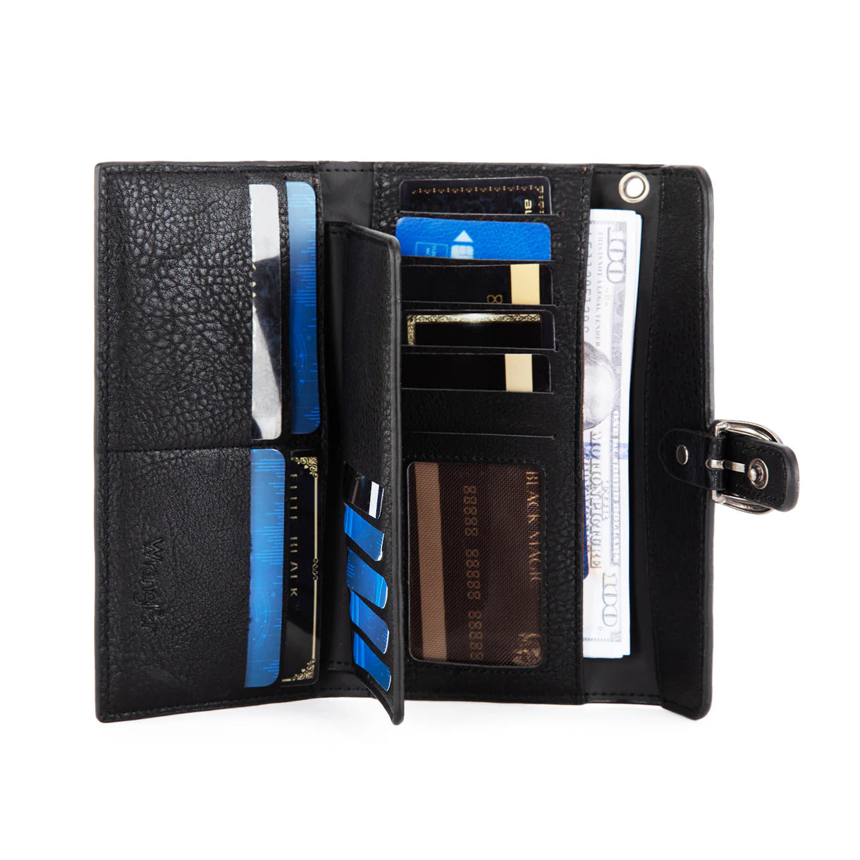 WG195-W055 Wrangler Western Tri-fold RFID Wallet/Wristlet With Detachable Credit Card Holder -Black