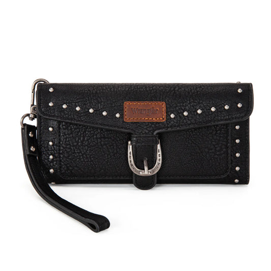 WG195-W055 Wrangler Western Tri-fold RFID Wallet/Wristlet With Detachable Credit Card Holder -Black