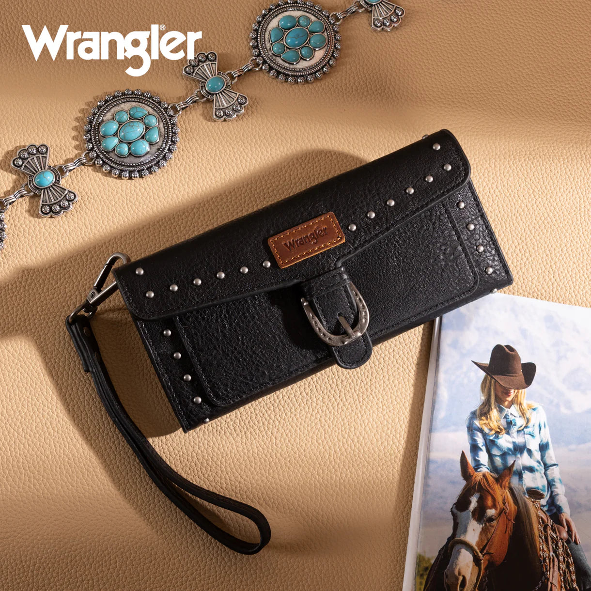 WG195-W055 Wrangler Western Tri-fold RFID Wallet/Wristlet With Detachable Credit Card Holder -Black