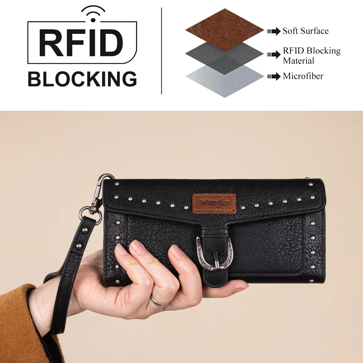 WG195-W055 Wrangler Western Tri-fold RFID Wallet/Wristlet With Detachable Credit Card Holder -Black