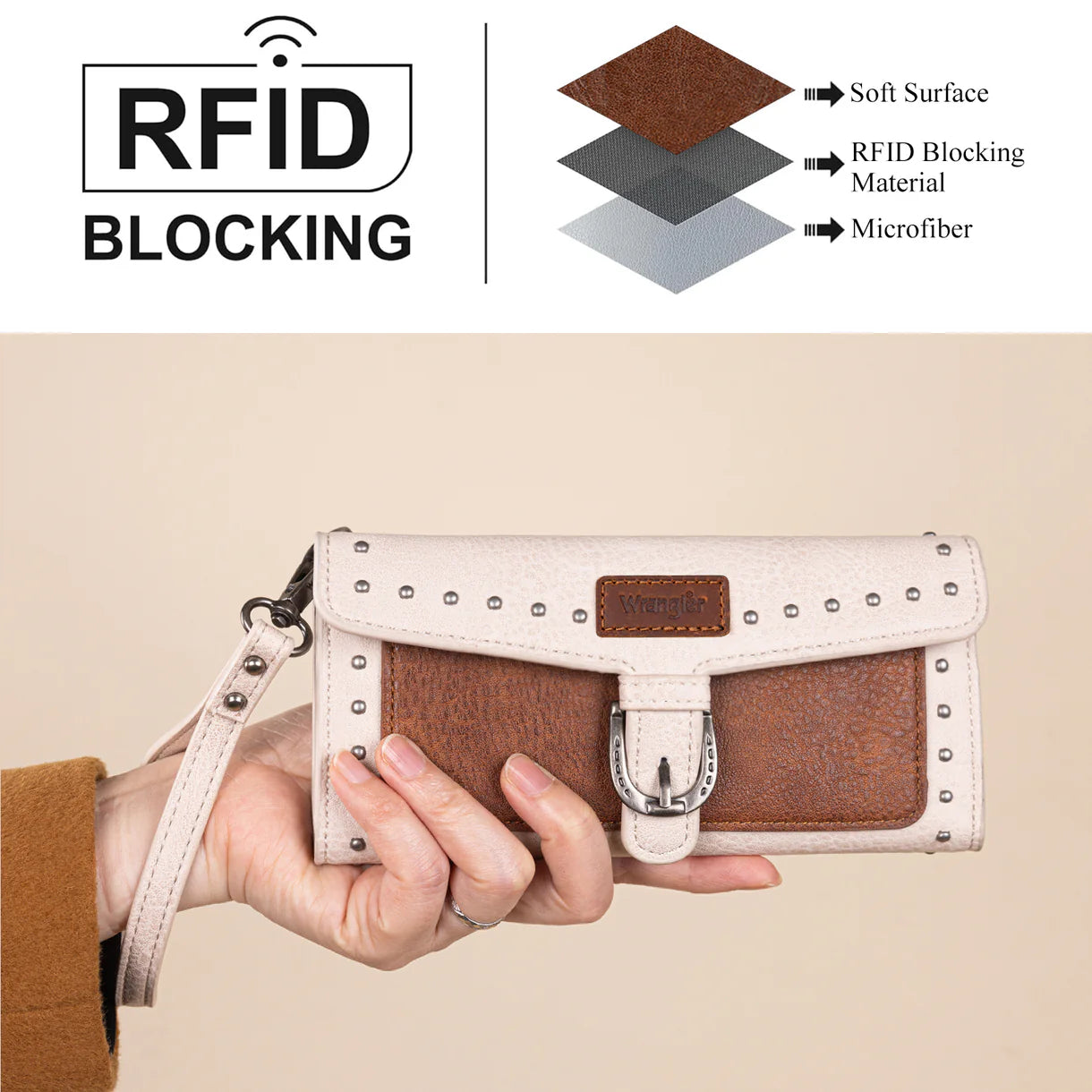 WG195-W055 Wrangler Western Tri-fold RFID Wallet/Wristlet With Detachable Credit Card Holder -Brown-Tan
