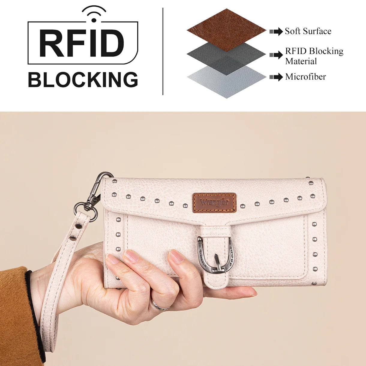 WG195-W055 Wrangler Western Tri-fold RFID Wallet/Wristlet With Detachable Credit Card Holder -Tan