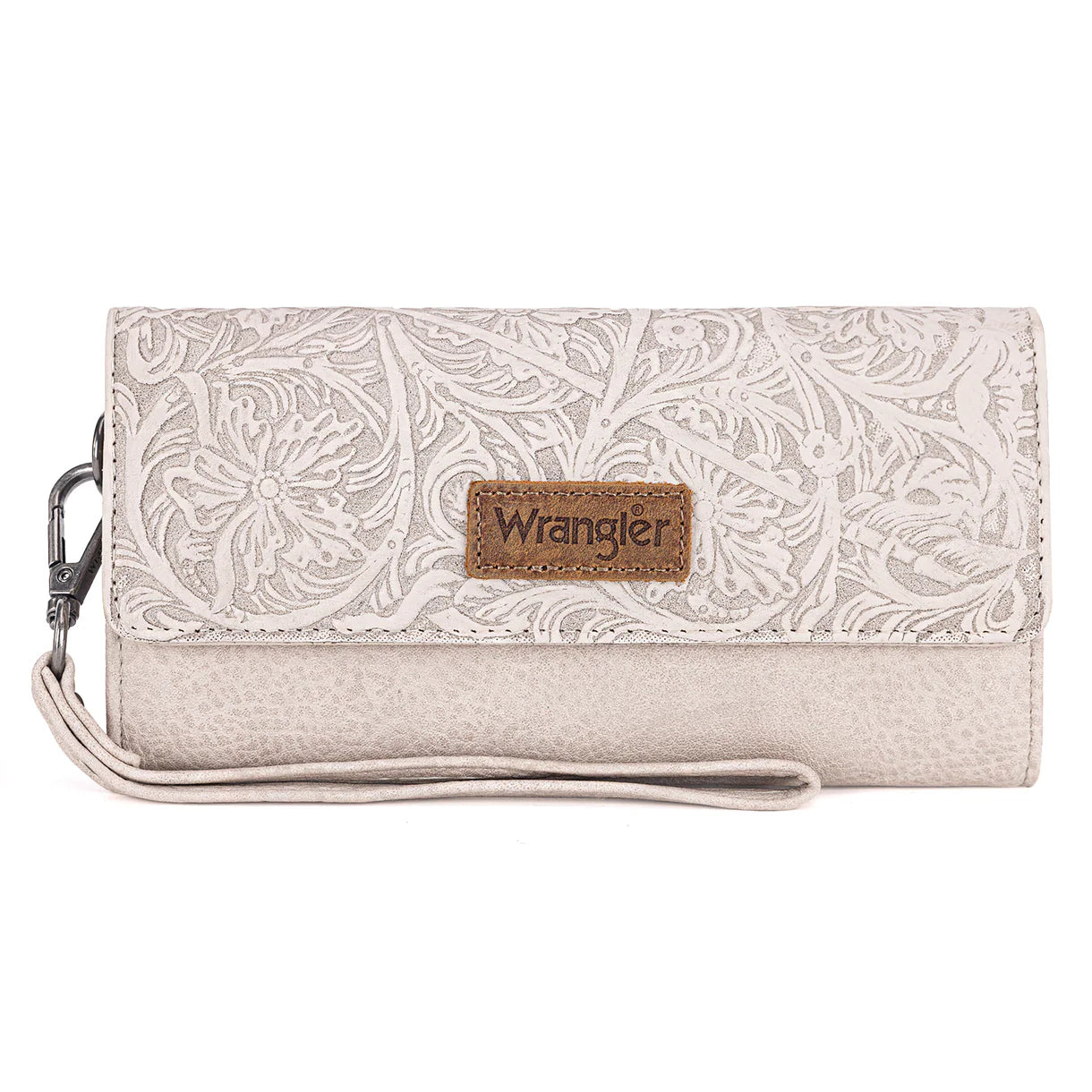 WG196-W056 Wrangler Western Floral Tooled Tri-fold RFID Wallet/Wristlet - Beige
