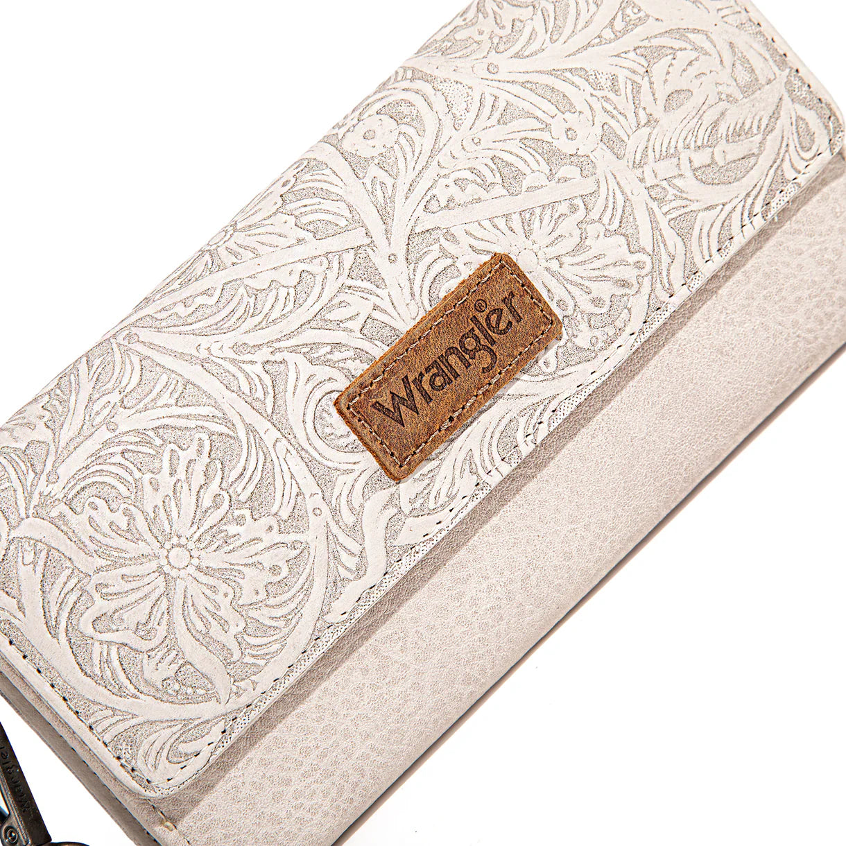 WG196-W056 Wrangler Western Floral Tooled Tri-fold RFID Wallet/Wristlet - Beige