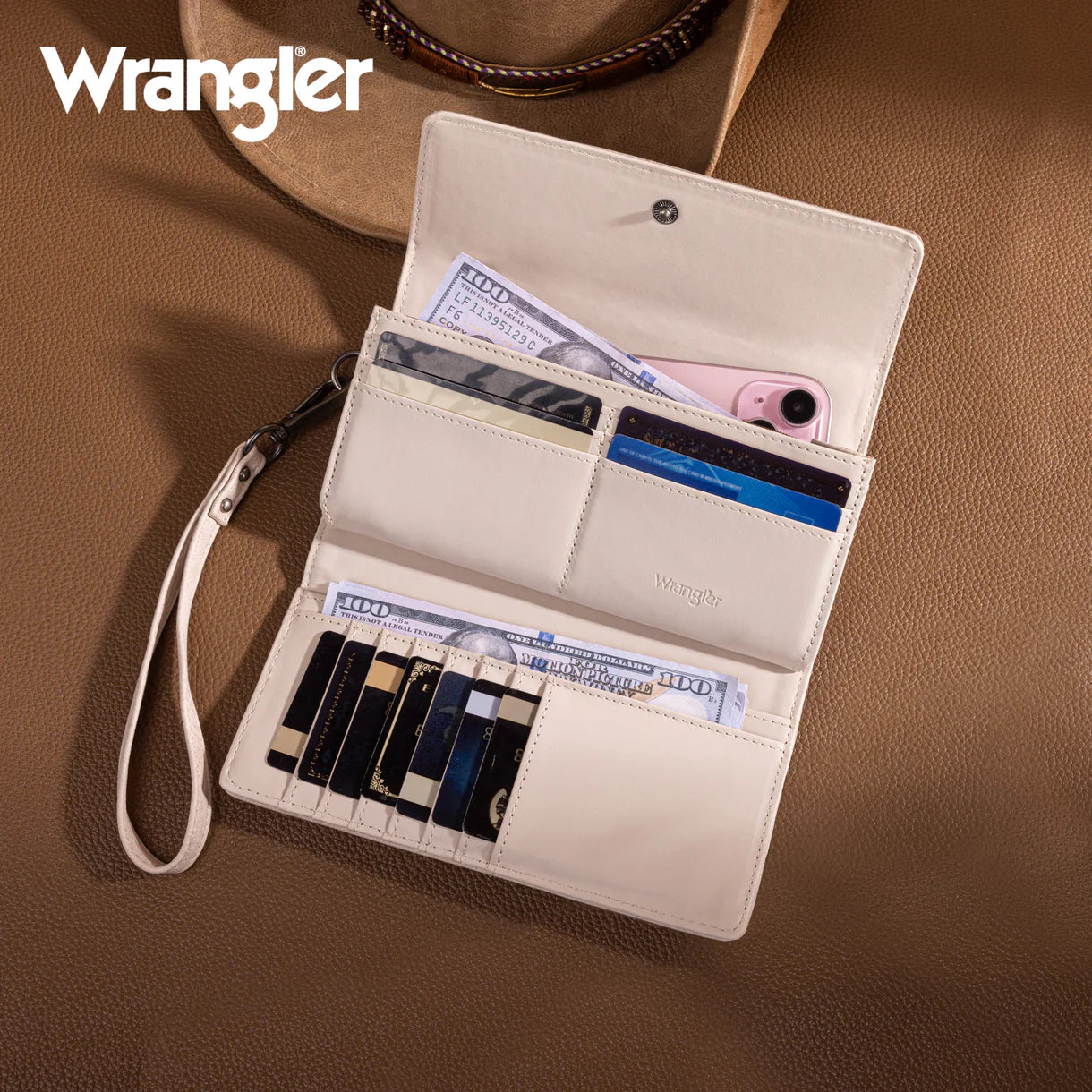 WG196-W056 Wrangler Western Floral Tooled Tri-fold RFID Wallet/Wristlet - Beige