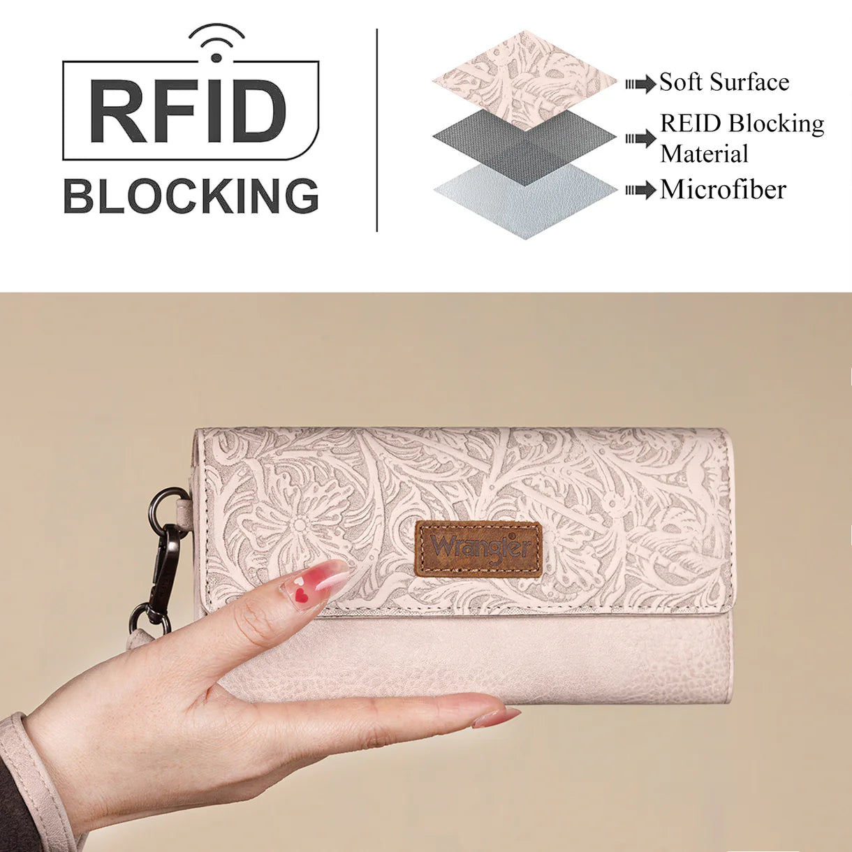 WG196-W056 Wrangler Western Floral Tooled Tri-fold RFID Wallet/Wristlet - Beige