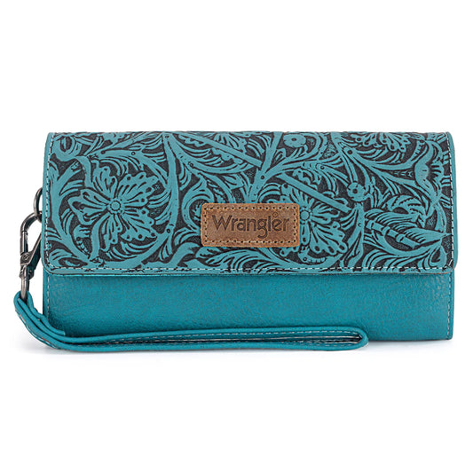 WG196-W056 Wrangler Western Floral Tooled Tri-fold RFID Wallet/Wristlet - Turquoise