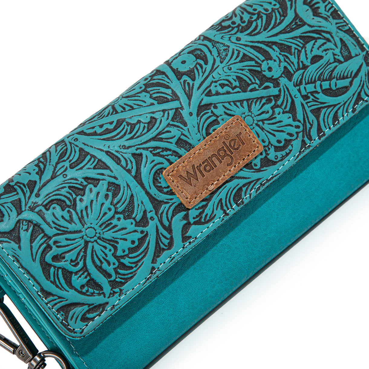 WG196-W056 Wrangler Western Floral Tooled Tri-fold RFID Wallet/Wristlet - Turquoise