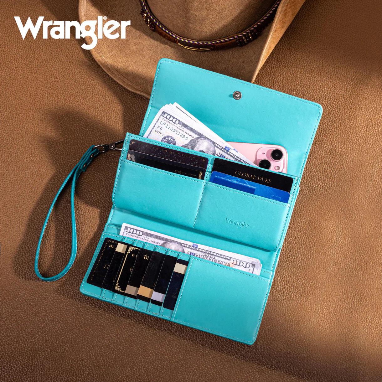 WG196-W056 Wrangler Western Floral Tooled Tri-fold RFID Wallet/Wristlet - Turquoise