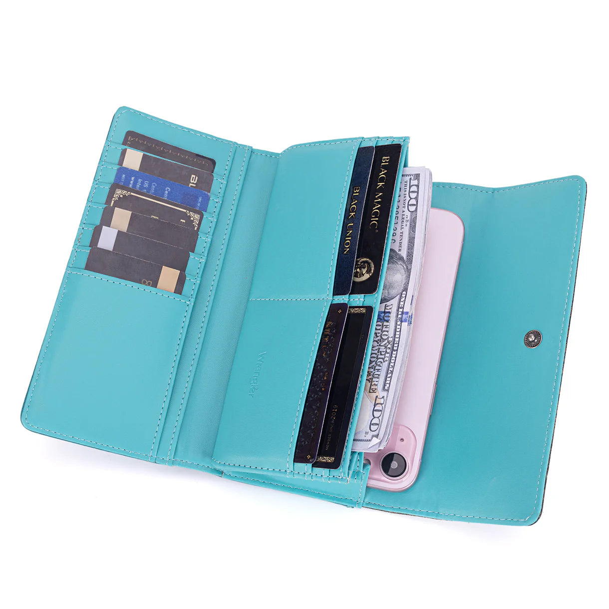 WG196-W056 Wrangler Western Floral Tooled Tri-fold RFID Wallet/Wristlet - Turquoise