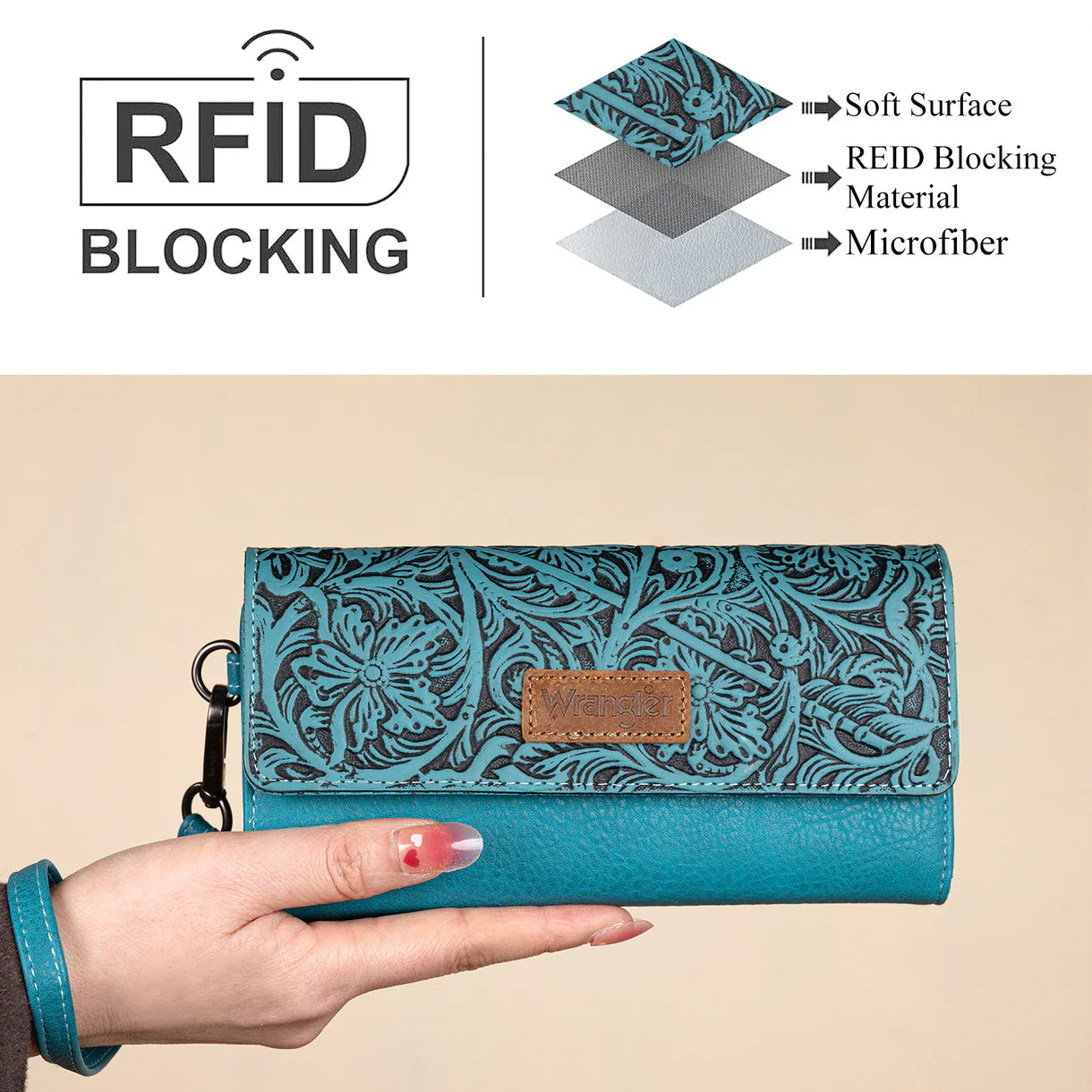 WG196-W056 Wrangler Western Floral Tooled Tri-fold RFID Wallet/Wristlet - Turquoise