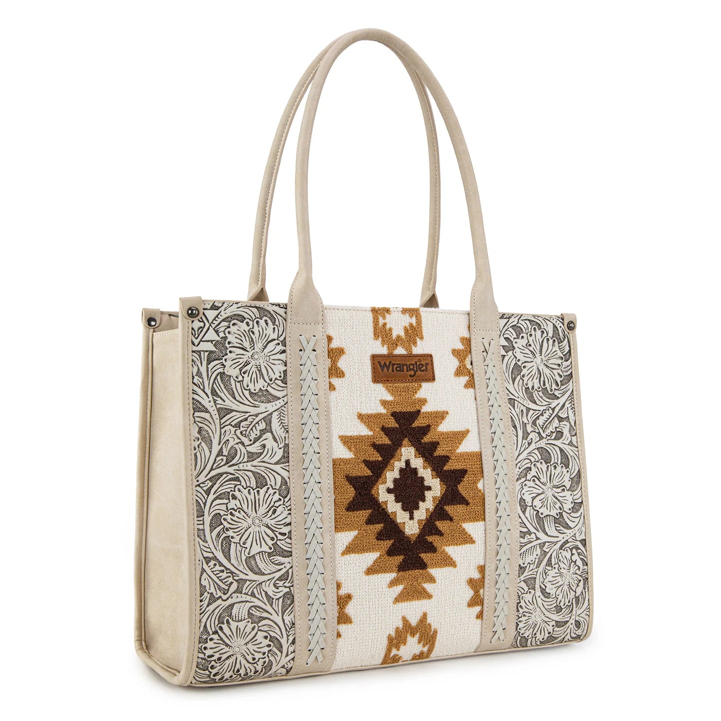 Wrangler Tooled Aztec Pattern Print Concealed Carry Large Tote -Beige