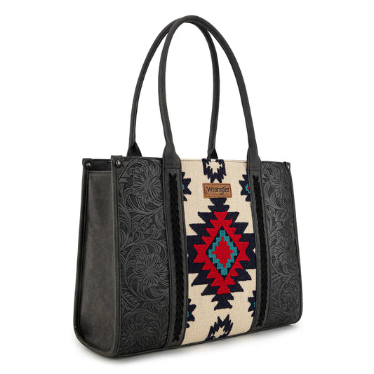 WG226G-8119 Wrangler Tooled Aztec Pattern Print Concealed Carry Large Tote - Black