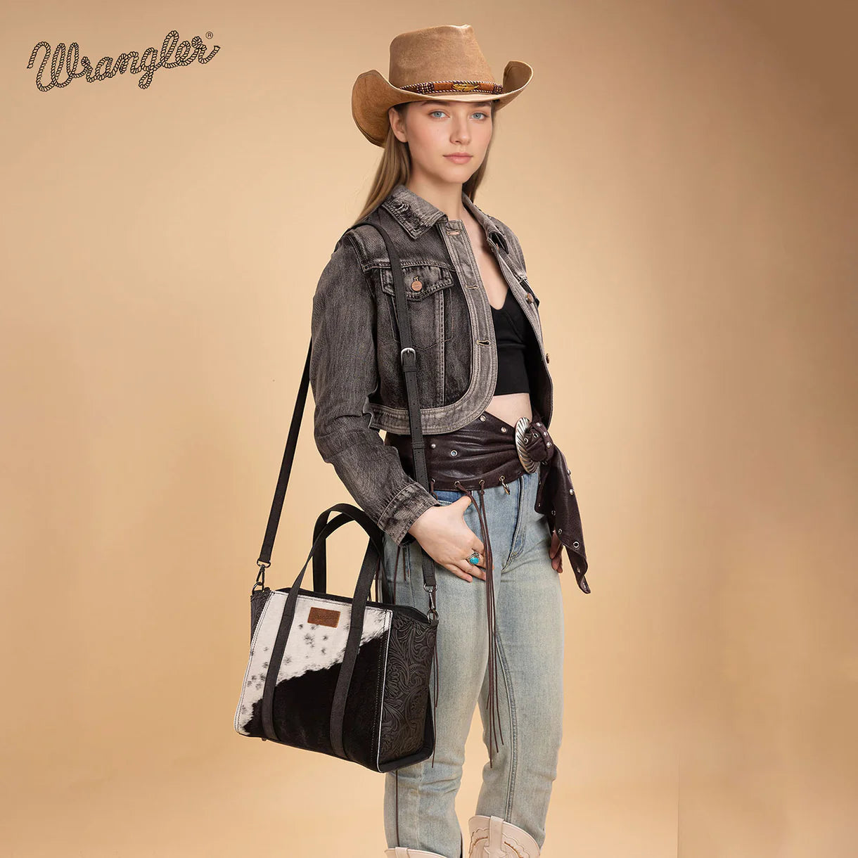 WG252-8012 Wrangler Genuine Hair-On Cowhide Wide Tote/Crossbody Black