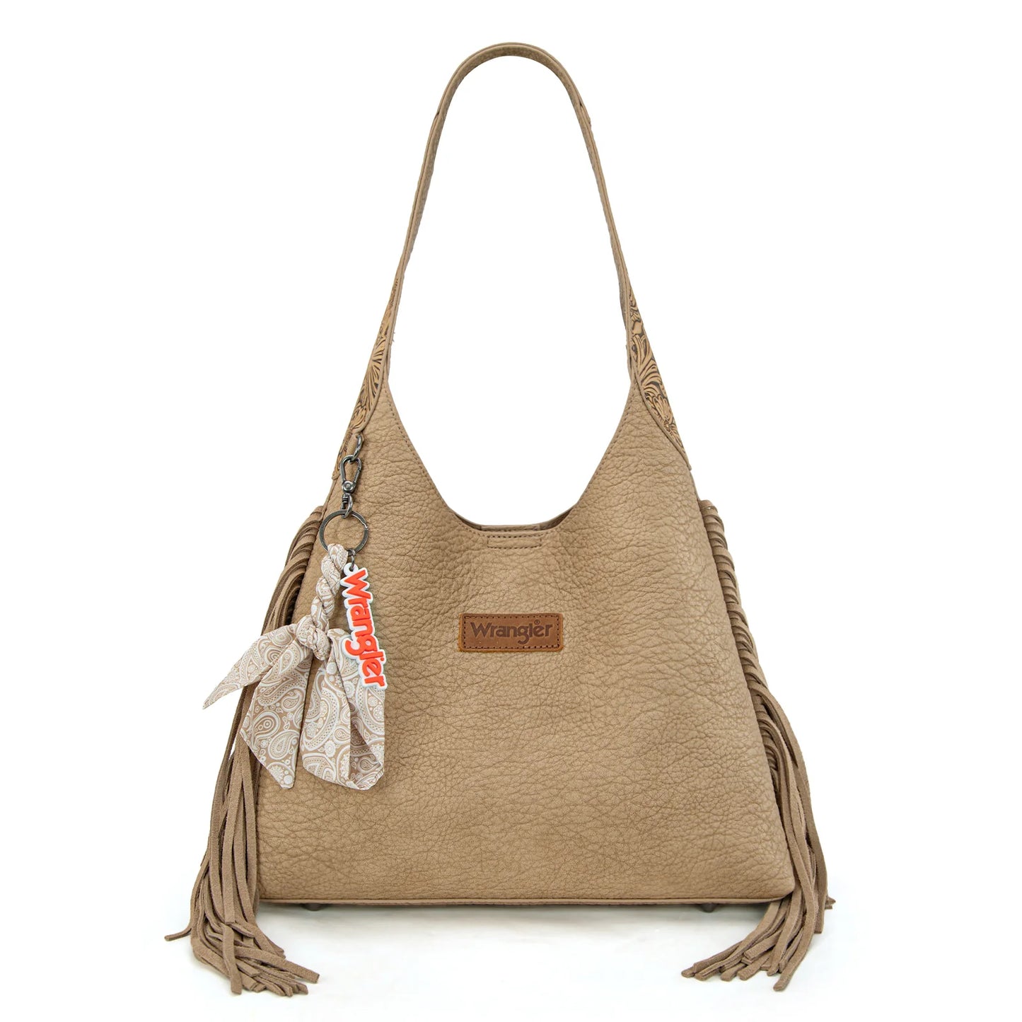 Wrangler Fringe Floral Tooled Hobo Bag-Khaki