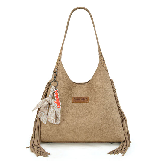 Wrangler Fringe Floral Tooled Hobo Bag-Khaki