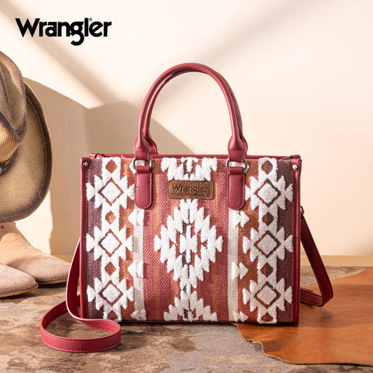 Wrangler Sherpa Aztec Canvas Tote/Crossbody - Burgundy