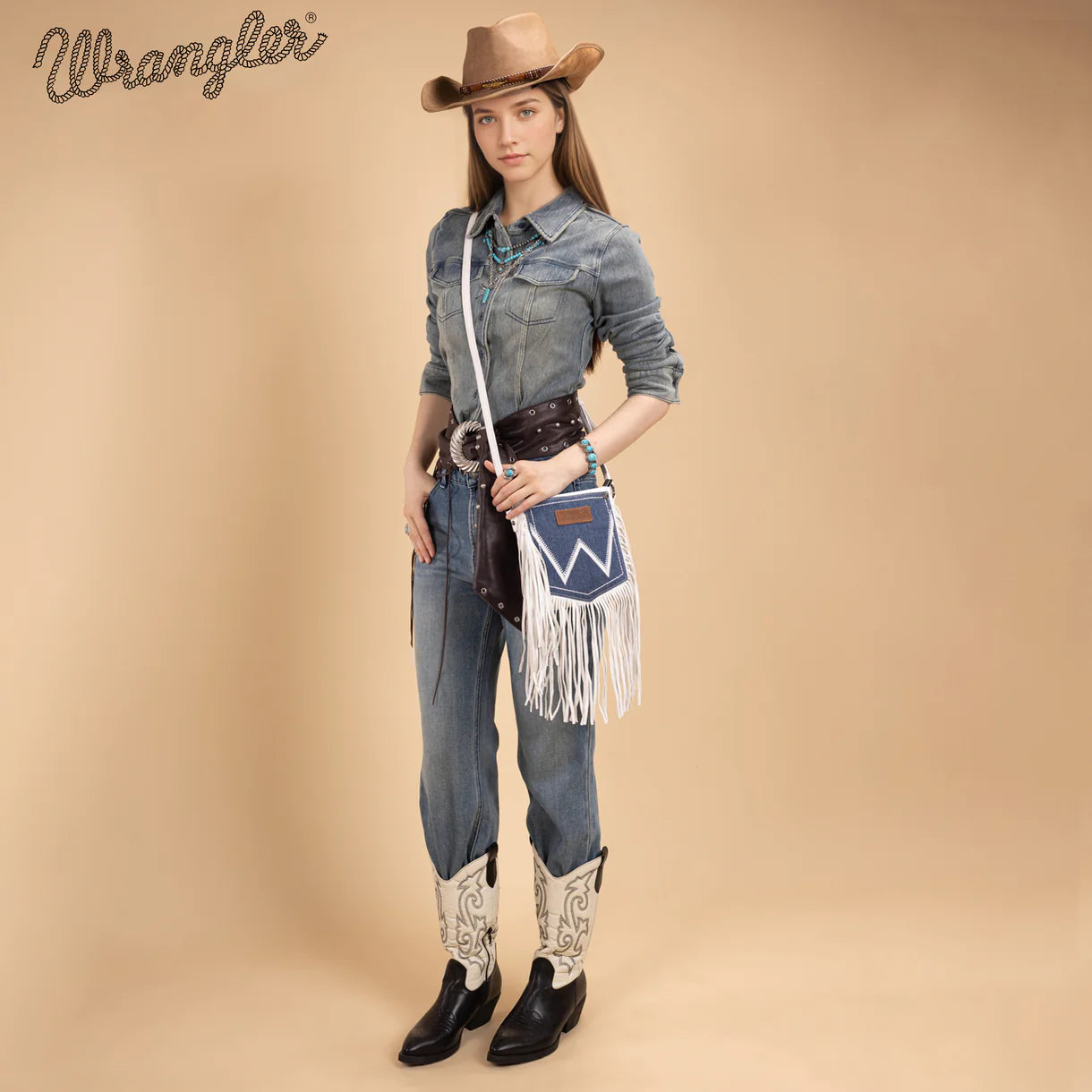 WG367-8360 Wrangler Leather Fringe Jean Denim Pocket Crossbody - Beige