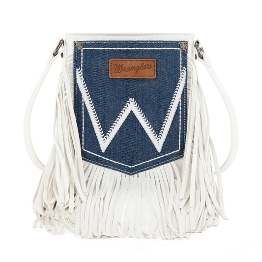 WG367-8360 Wrangler Leather Fringe Jean Denim Pocket Crossbody - Beige