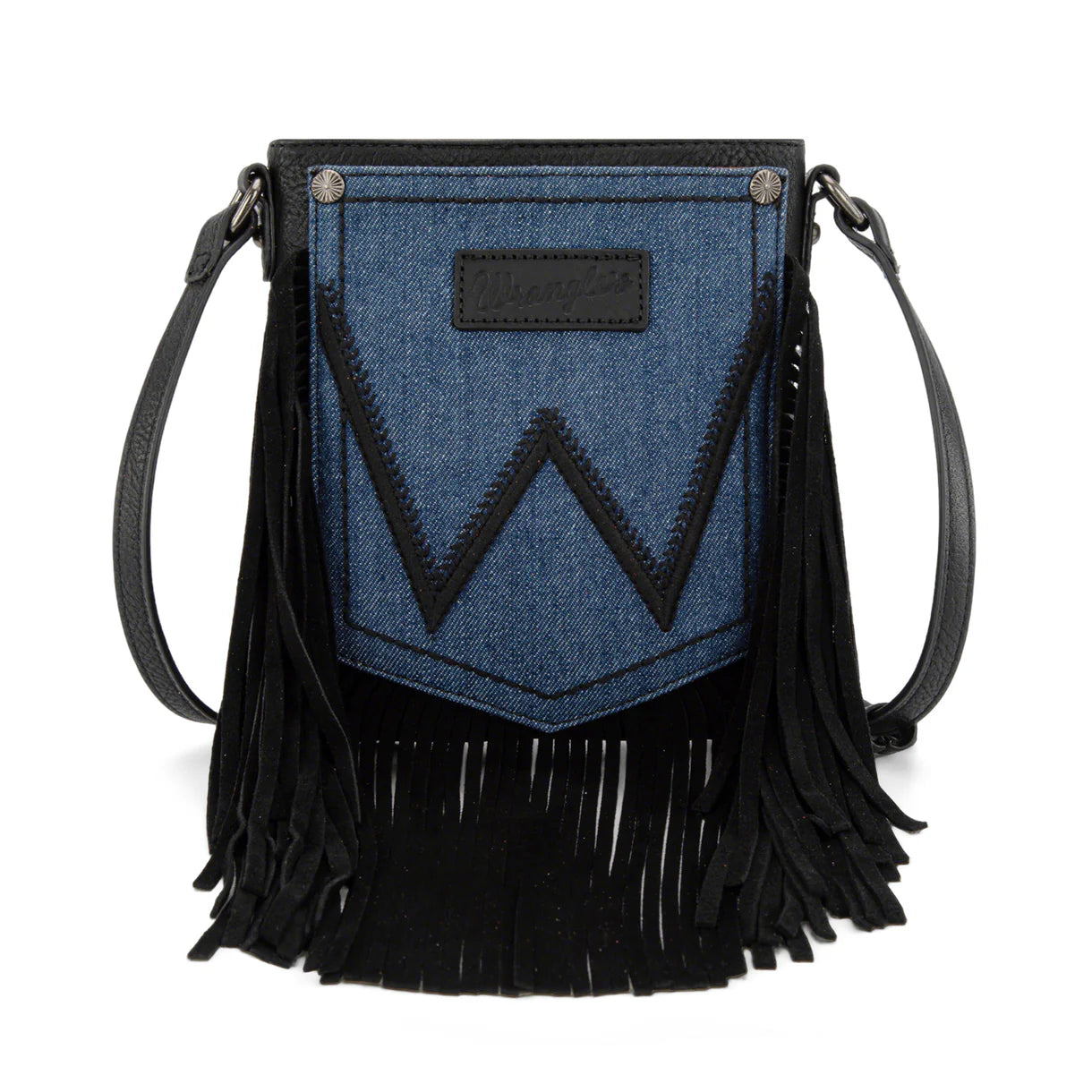 WG367-8360 Wrangler Leather Fringe Jean Denim Pocket Crossbody - Black