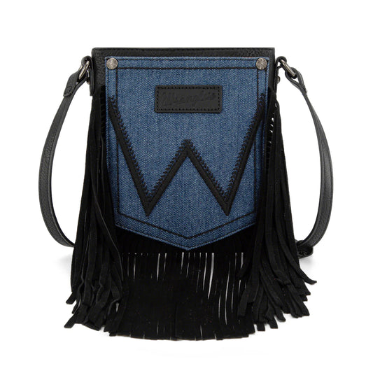 WG367-8360 Wrangler Leather Fringe Jean Denim Pocket Crossbody - Black